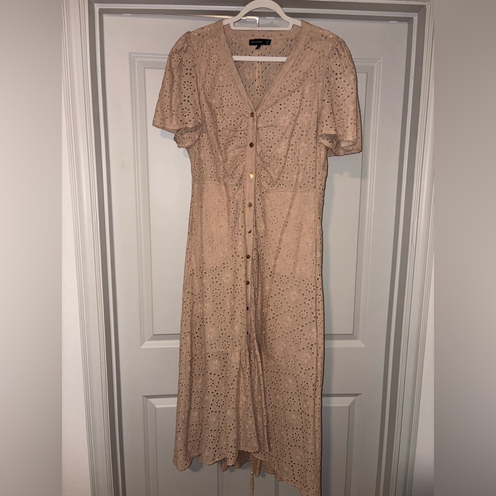 DECJUBA Tan Button-Up Eyelet Maxi Dress